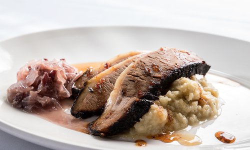 Smoked Brisket with Roasted Garlic Parsnip and Fennel Mash