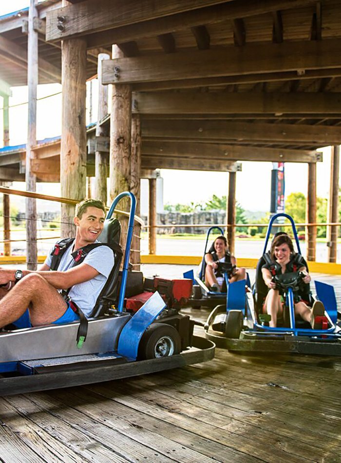 Multi-story wooden go-kart tracks at The Track Family Fun Parks in Branson, Missouri.