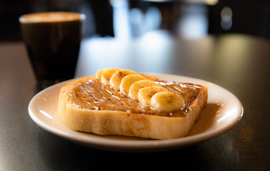 Cortado and Almond Butter Banana Honey Toast at Architect Coffee in Springfield MO