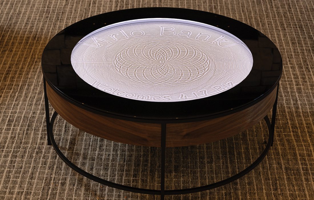 Table at Arlo bank HQ.