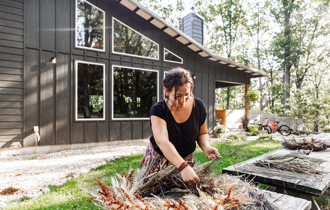 Woman making a homemade wreath