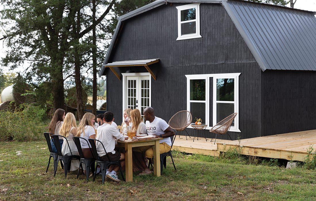 Seating outside renovated barn in Ava, MO