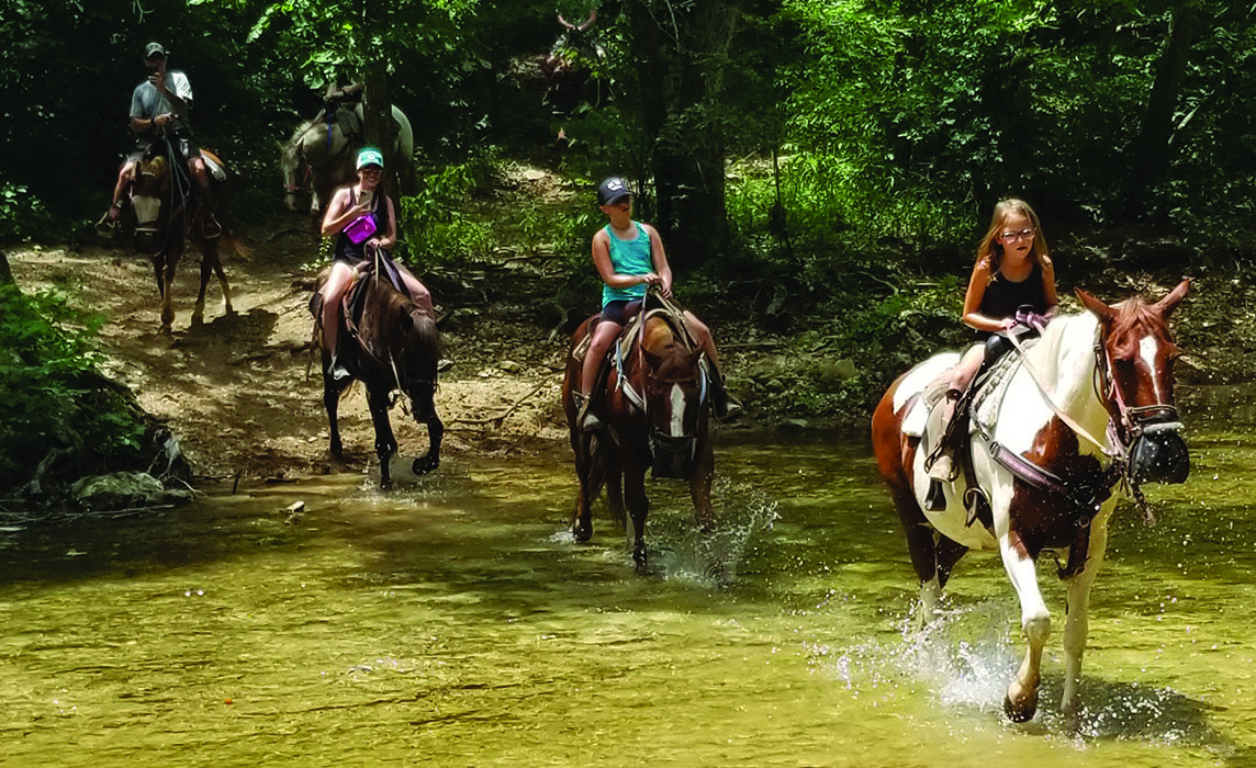A group riding through a creek on horseback.