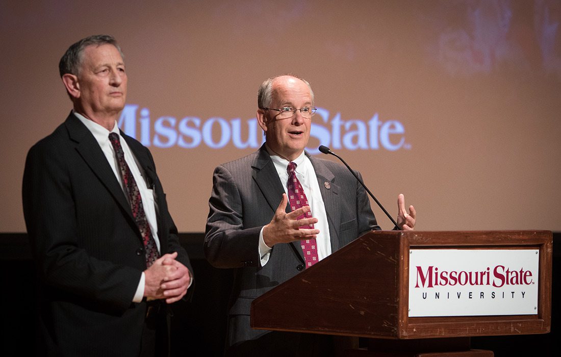 Clif Smart speaking at the State of the University address in Plaster Student Union Theater in 2015