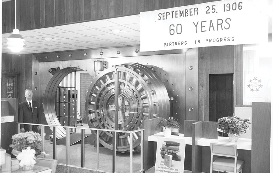 Black and white photo of safe in Ozark Bank.