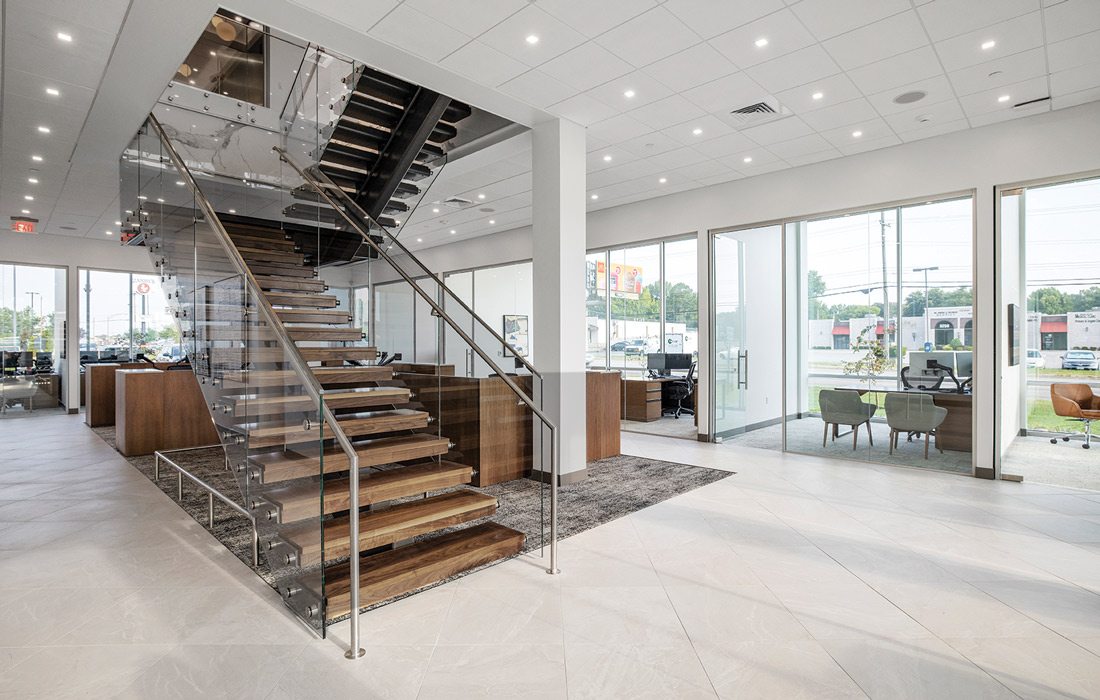 Staircase at new Legacy Bank office space, CDA General Office 2023 winner