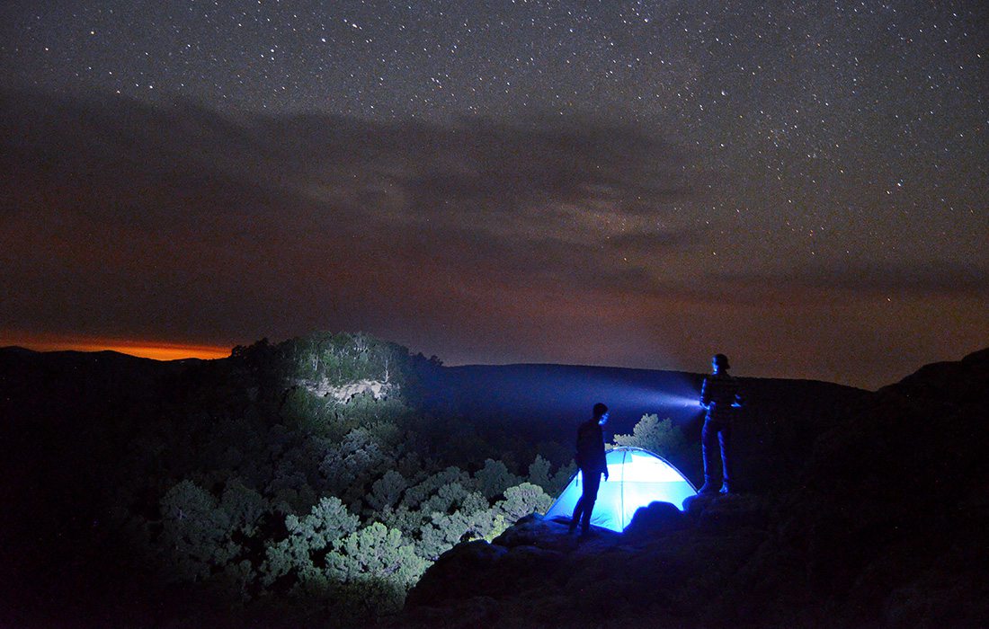 Camp site at night at Sam's Throne recreation Area in Arkansas