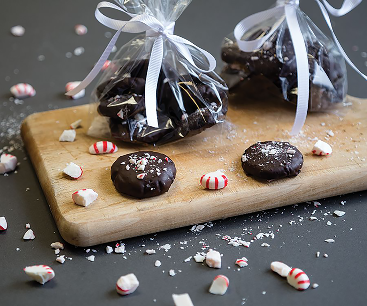 Chocolate Mint Thin Cookies Packaged with Candy Canes