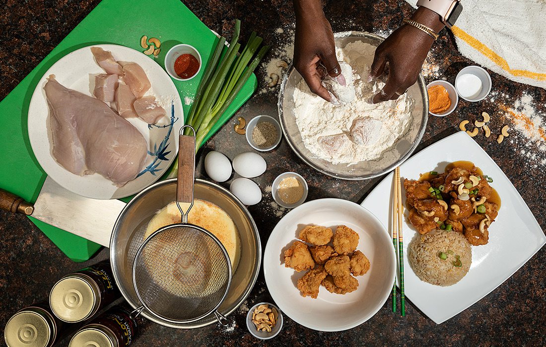 Deconstructed ingredients for making Springfield-style cashew chicken