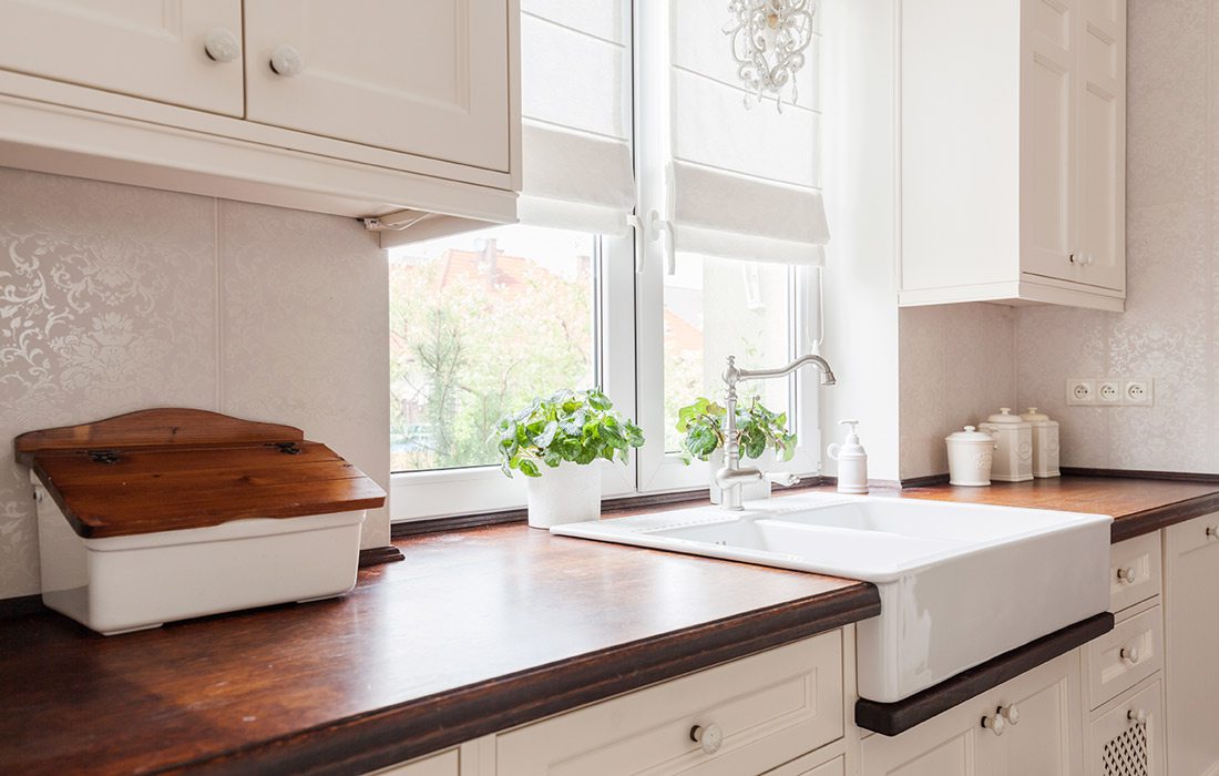 Wood kitchen countertop stock image