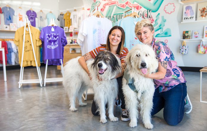 Culture Flock owners Brittany Bilyeu and Summer Trottier with their pups Hucklebear and Maggie