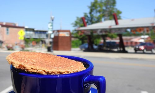 Stroop waffle on a mug outdoors on C-Street in Springfield MO