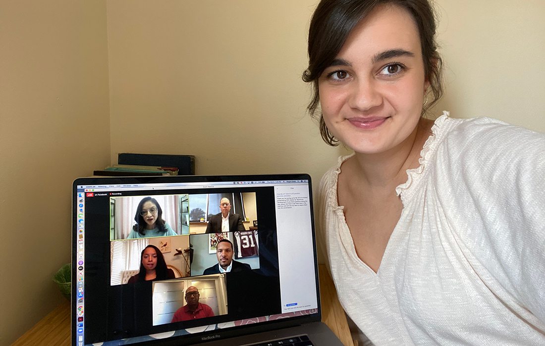 Assistant Editor Megan Dollar poses for a selfie while watching Biz 417's B-School on Diversifying Our Region