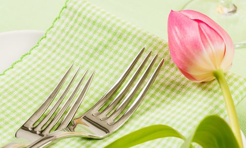 Green spring table setting with pink tulip