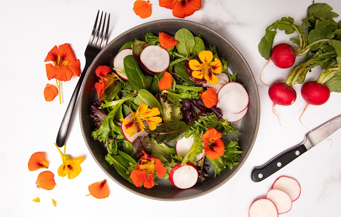 Edible flowers on a salad