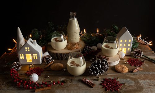 Eggnog and Christmas ornaments and decorations