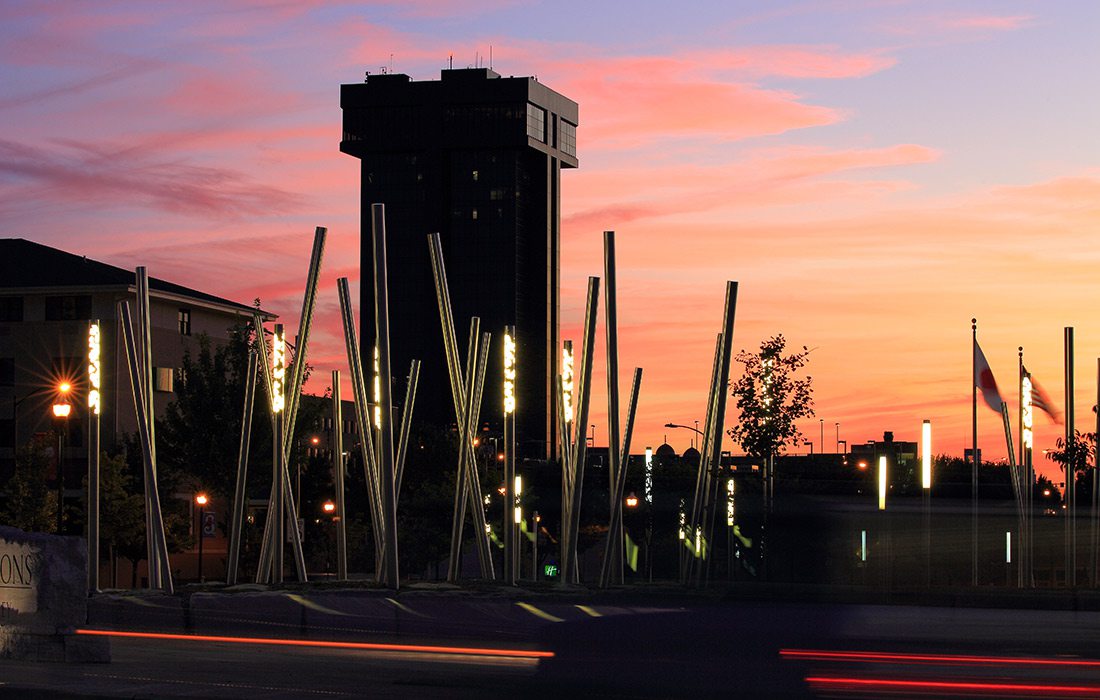 Hammons Tower in Springfield MO against a colorful sunset