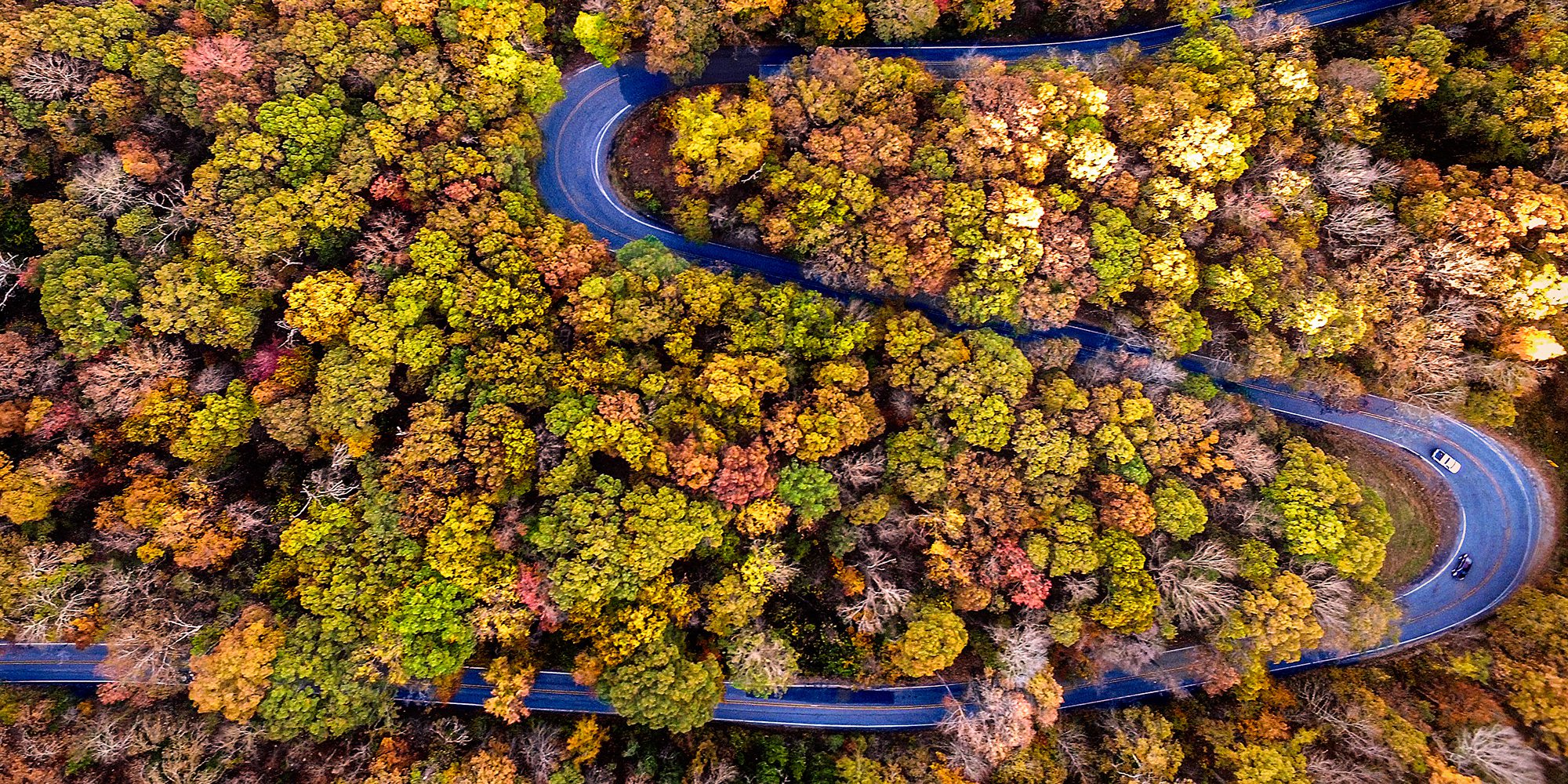 Drone view of the Pig Trail Scenic Byway in Arkansas