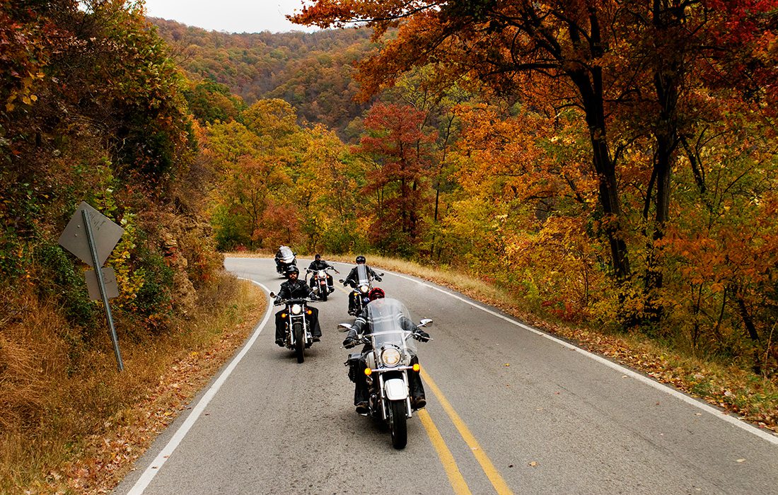 Motorcyclists on the Pig Trail Scenic Byway in Arkansas