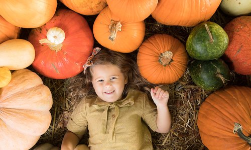 Young girl surrounded by pumpkins at Pickin' Patch Farm
