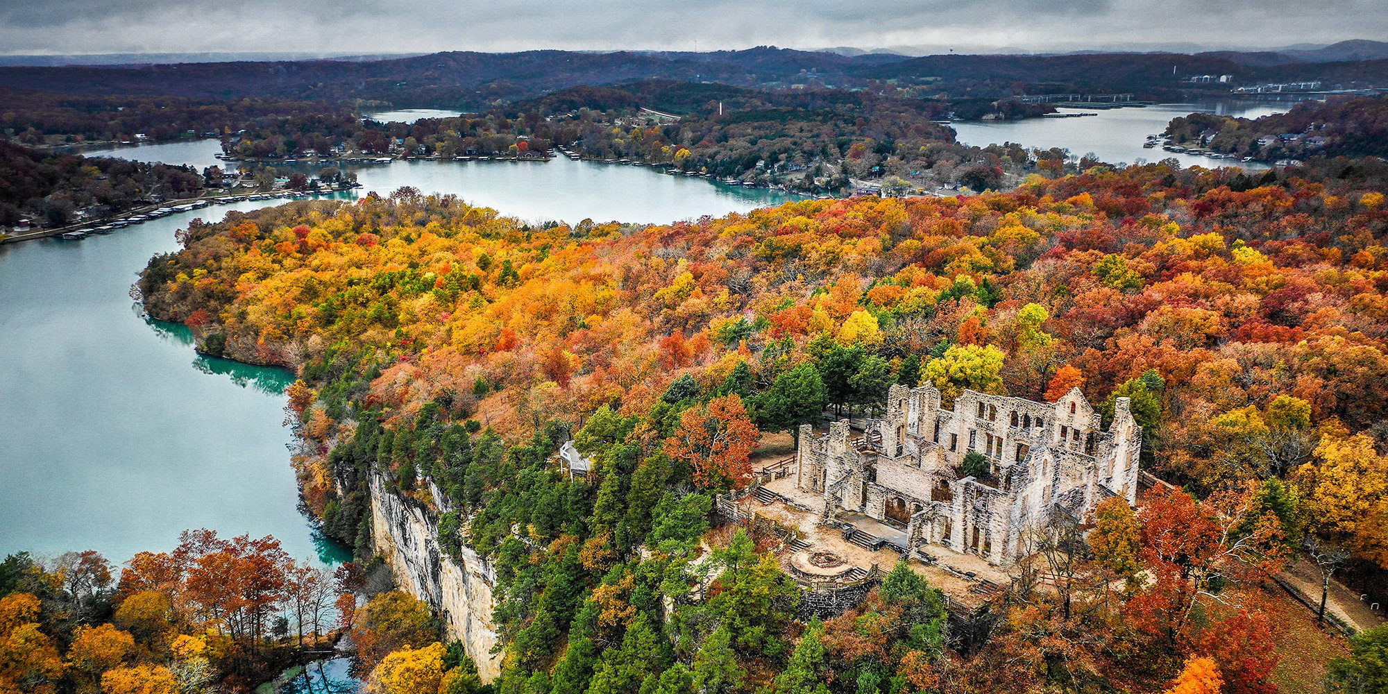 Aerial view of rocky bluffs and castle ruins at Ha Ha Tonka in Camdenton, Missouri