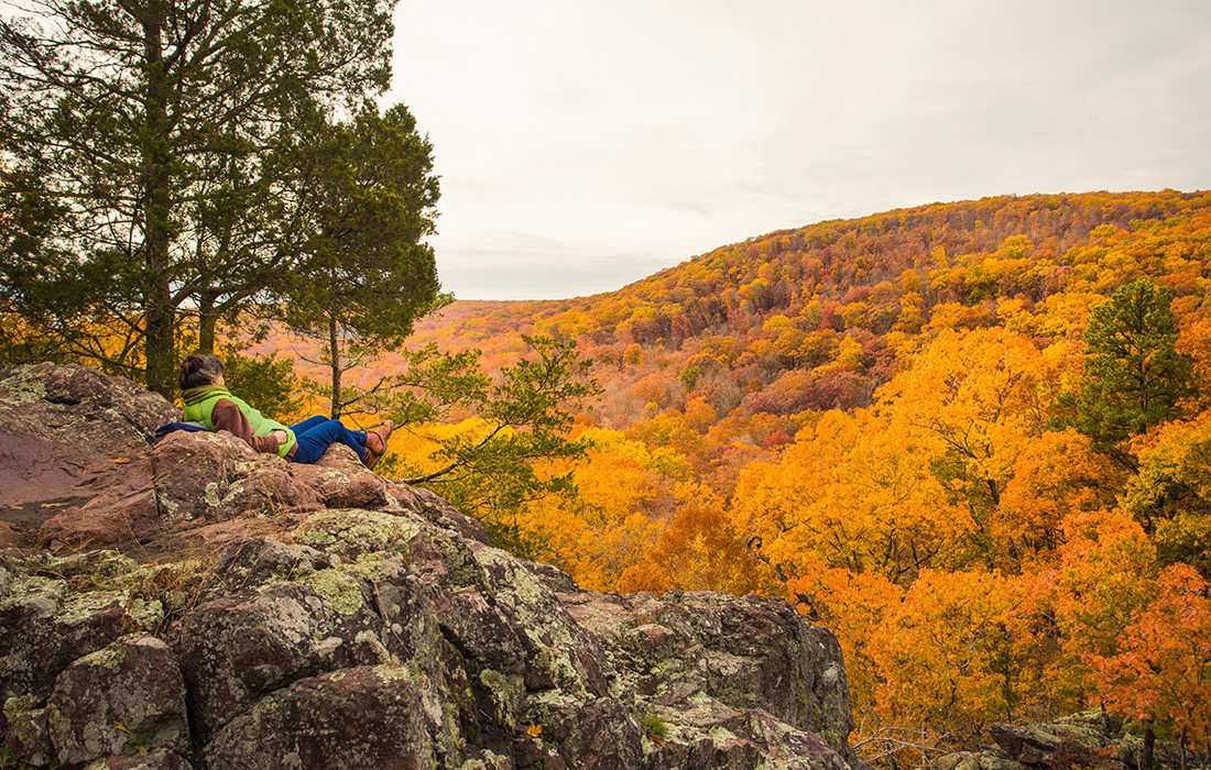 Woman at a scenic spot along Mina Sauk Falls trail in Missouri