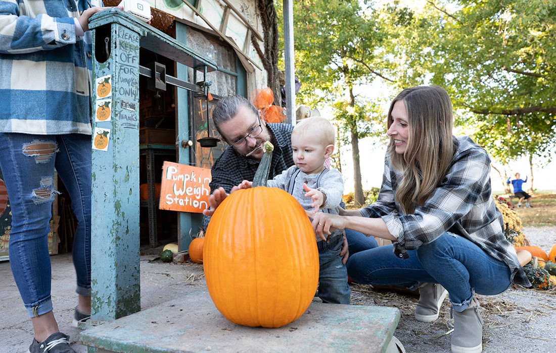 Family carving a pumpkin together in a southwest Missouri pumpkin patch.