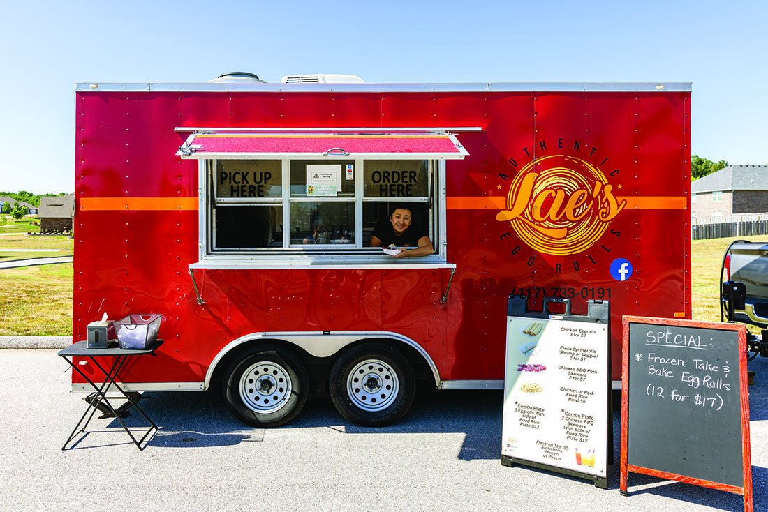 A bright red food truck.