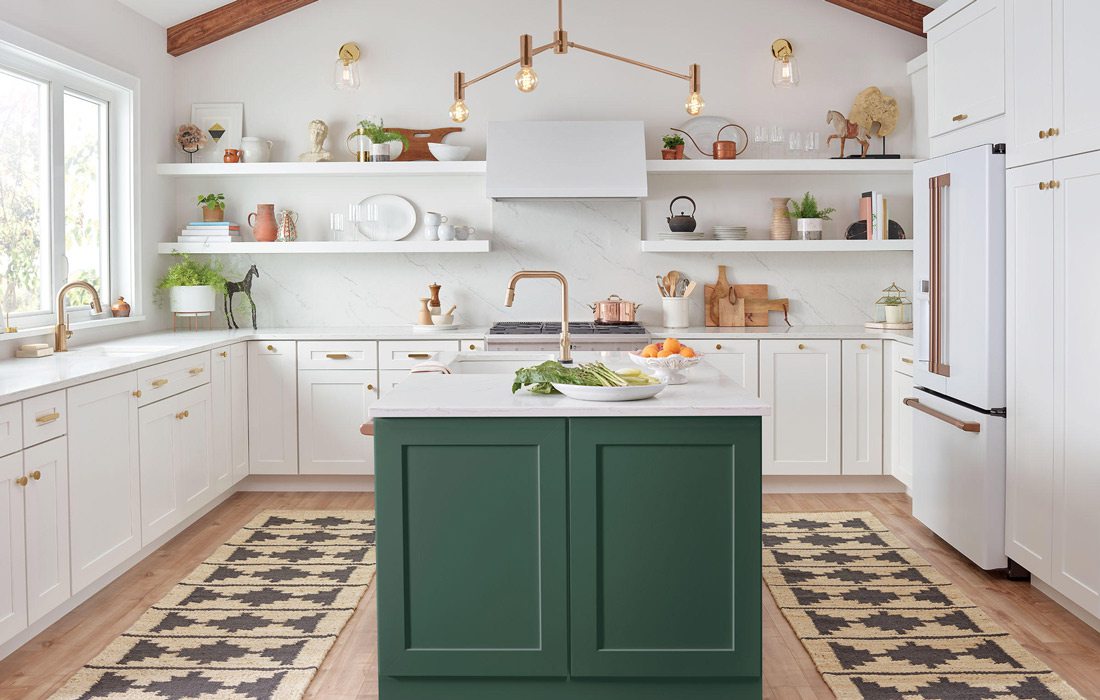 White kitchen with green island