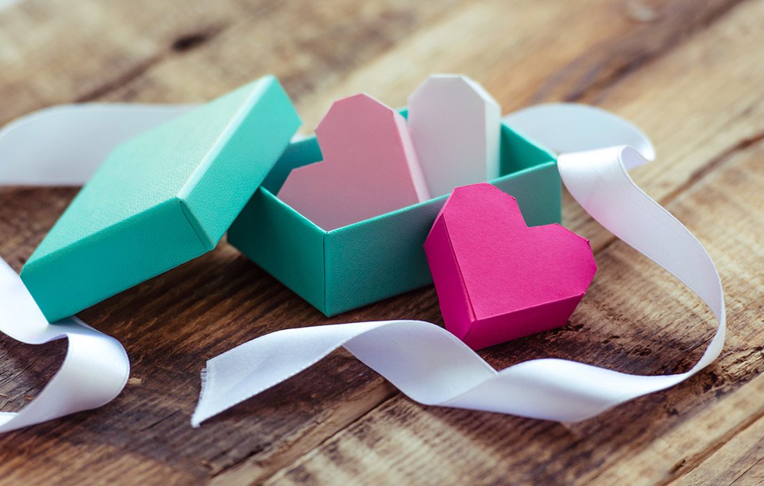 Paper hearts in a gift box