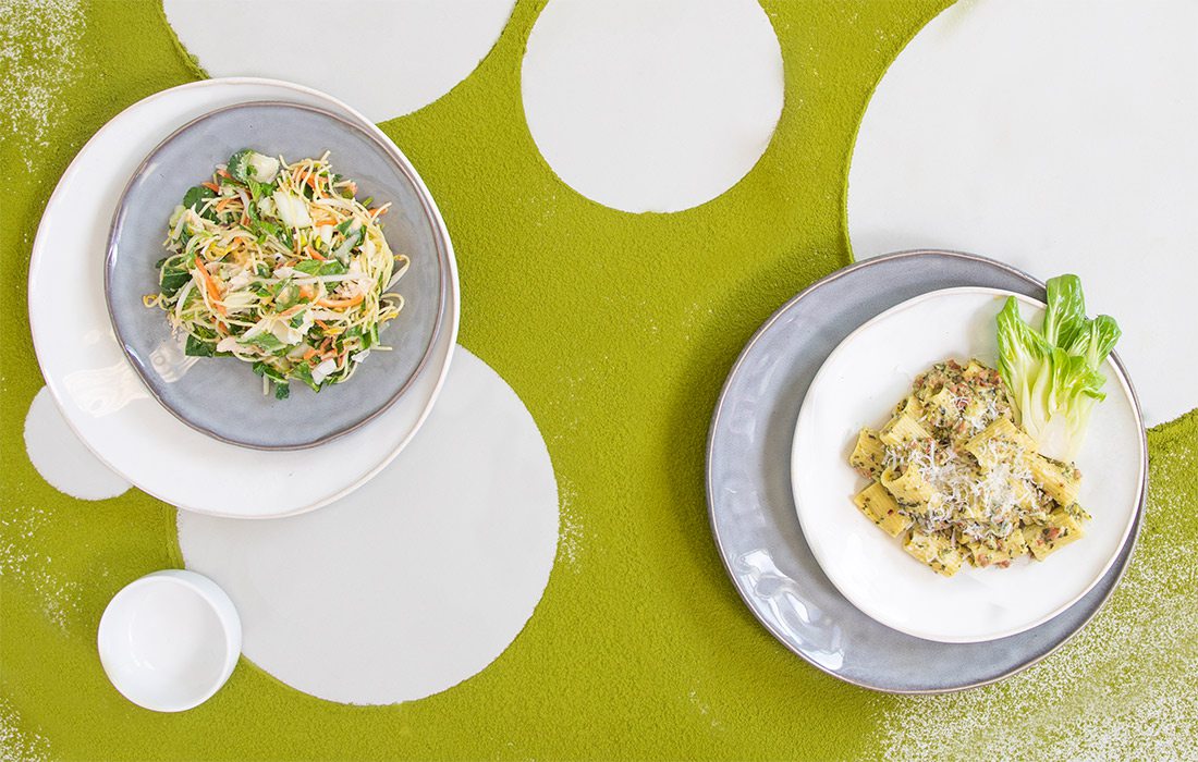 Thai noodle salad with roasted ramps and bok choy and smoked sausage ragu