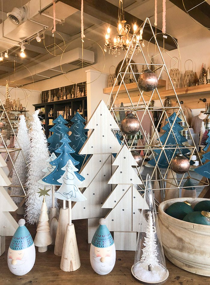 Wooden blue and white Christmas tree display