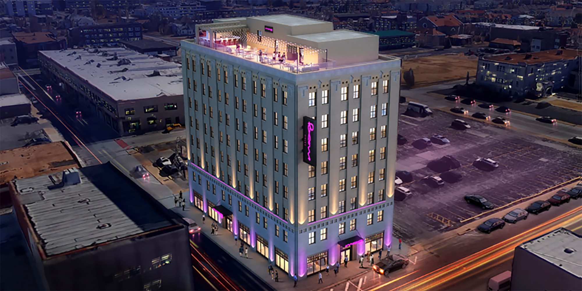 Concept for edgy Moxy Hotel in downtown Springfield MO