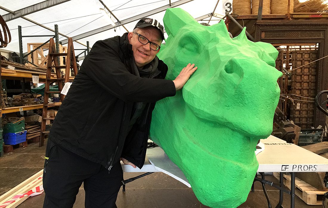 Joe Bauer with the head of Viserion, one of the three dragons featured in Game of Thrones