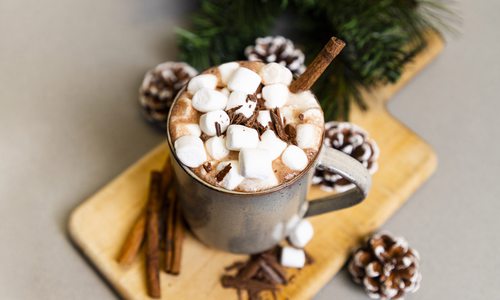 A mug of hot cocoa topped with marshmallows, chocolate pieces and a cinnamon stick rests on a wooden platter decorated with garland, cinnamon sticks and pinecones.