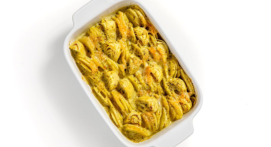 Artichoke and Potato Gratin with Carrot Green Pesto