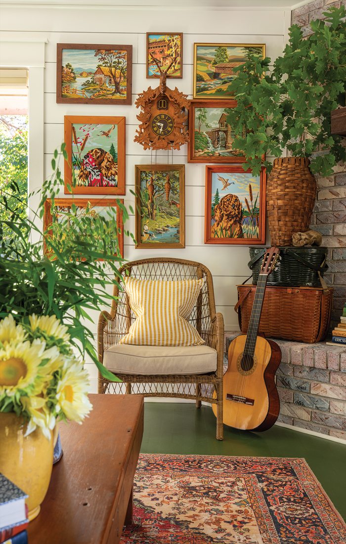 Acoustic guitar and chair in lakeside cabin in southwest Missouri