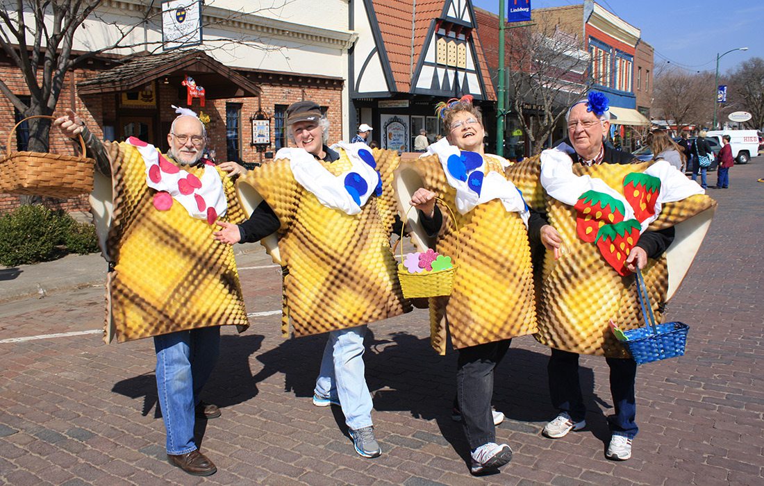 Lindsborg KS residents dressed up as waffles for Våffeldagen or the Waffle Day celebration