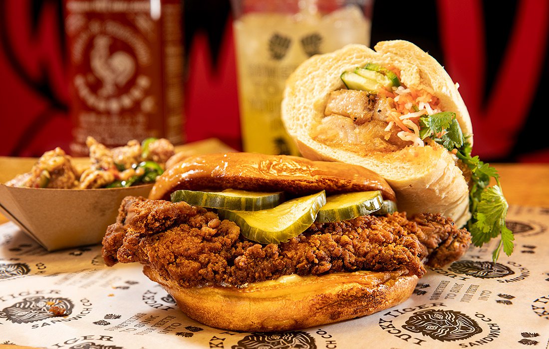 Crispy Chicken sandwich, Pork Belly Banh Mi and Chicken Karaage Thai style at Lucky Tiger Sandwich in Springfield MO