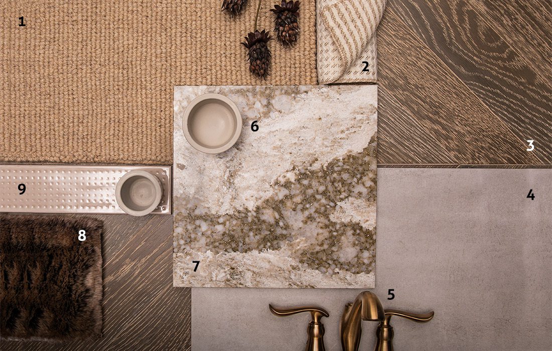 warm neutral tile and carpet samples for the home