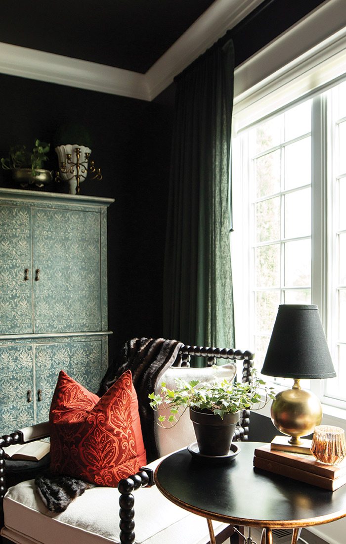 Interior photo of bedroom with moody decor