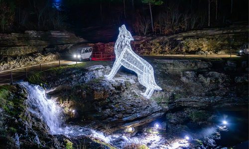Glowing white wolf-shaped light sculpture perched on rocks above a small waterfall, with the dark canyon and path lights in the background.