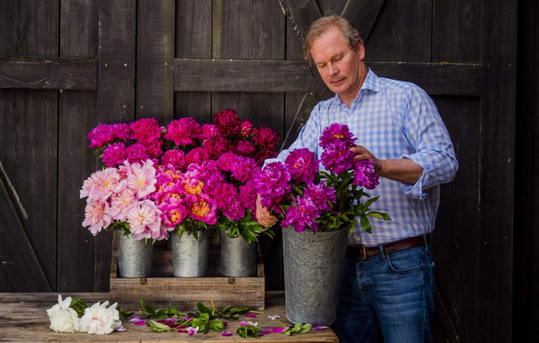 P. Allen Smith with peonies at Moss Mountain Farm in Arkansas