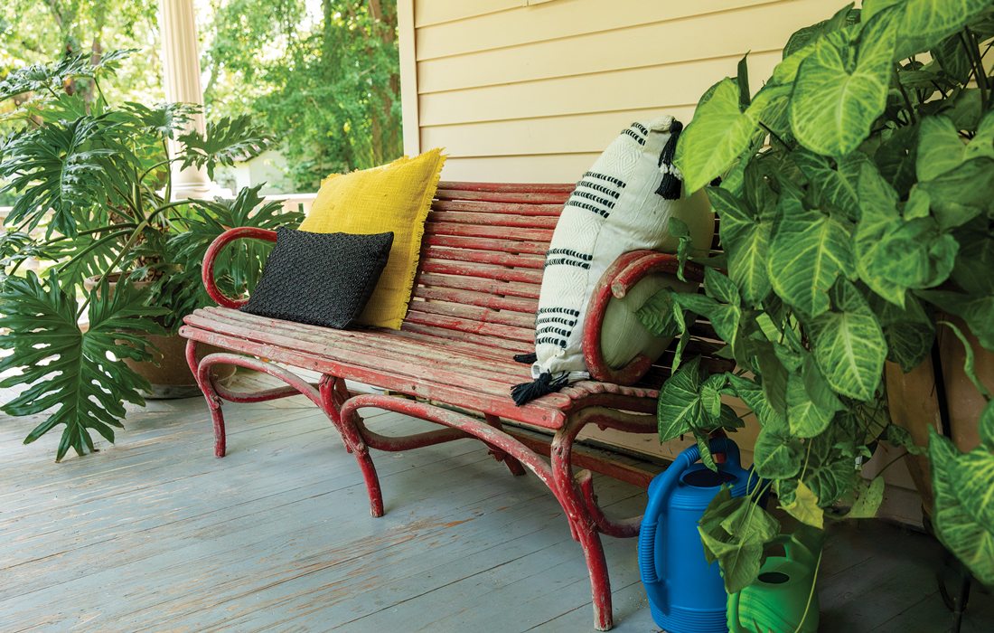 Bench on the porch of Parker family home