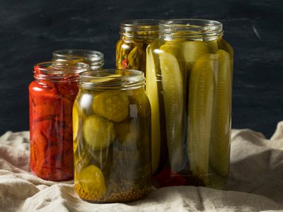 Pickled vegetables in jars.