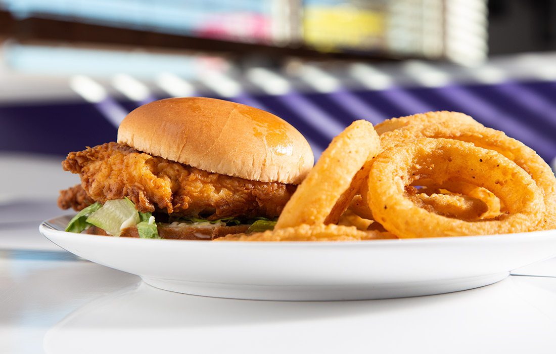 Crispy chicken sandwich and onion rings at Red's Giant Hamburg in Springfield MO