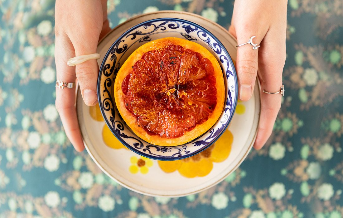 That classic morning fruit—pink grapefruit—gets an upgrade. It’s brûléed for a sweet touch and an oh-so-satisfying crunch.