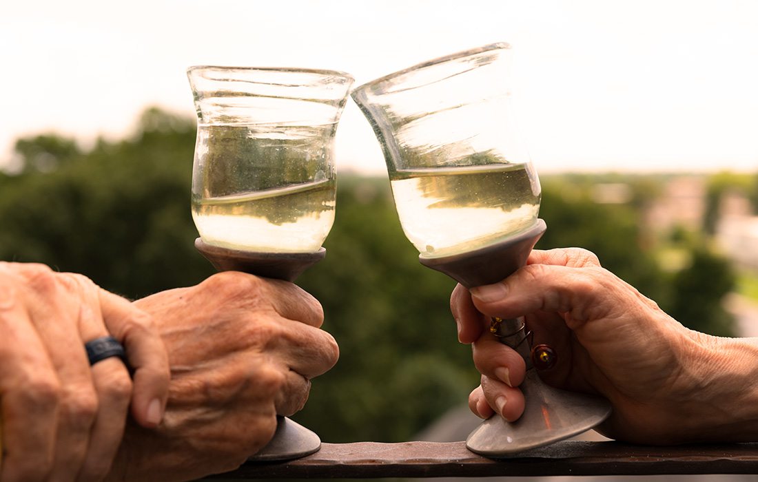 Cathy and Alex Primm's hand-blown, pewter wine glasses