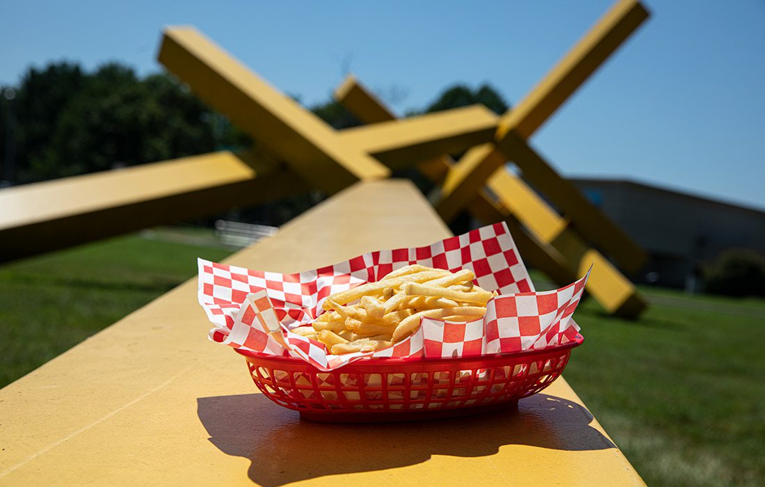 Basket of fries on the Sun Target II sculpture outside of the Springfield Art Museum