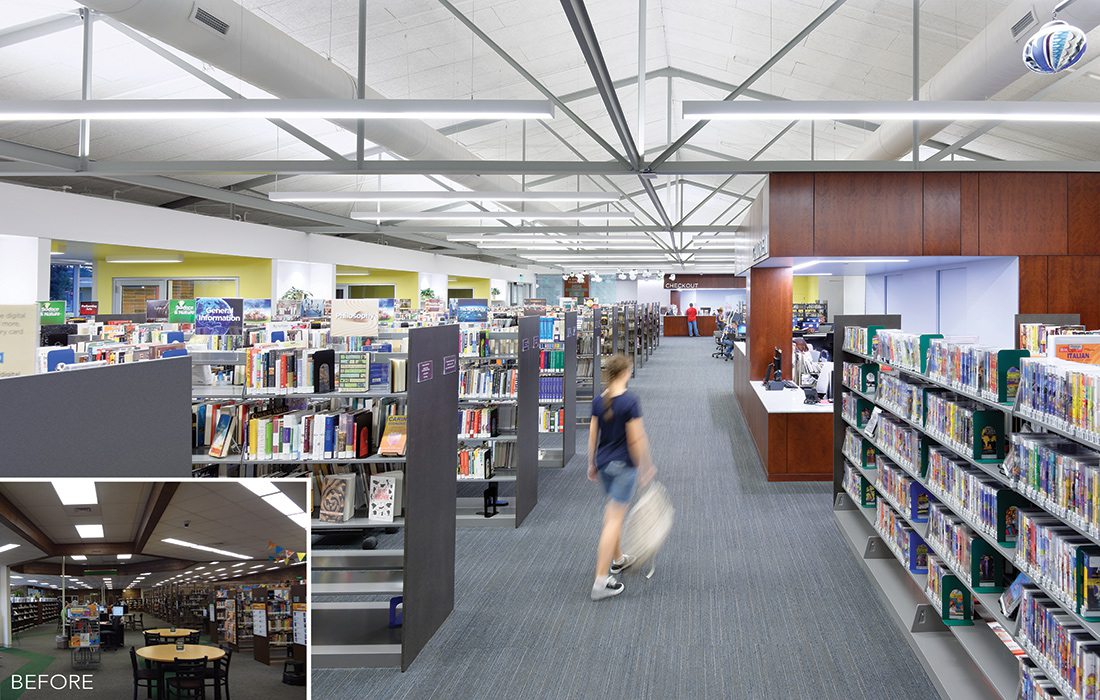 Schweitzer-Brentwood Branch Library interior view of bookshelves